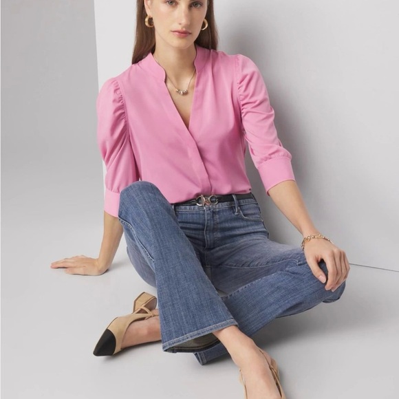 White House Black Market Pink Fitted Puff Sleeve Blouse - Picture 2 of 9